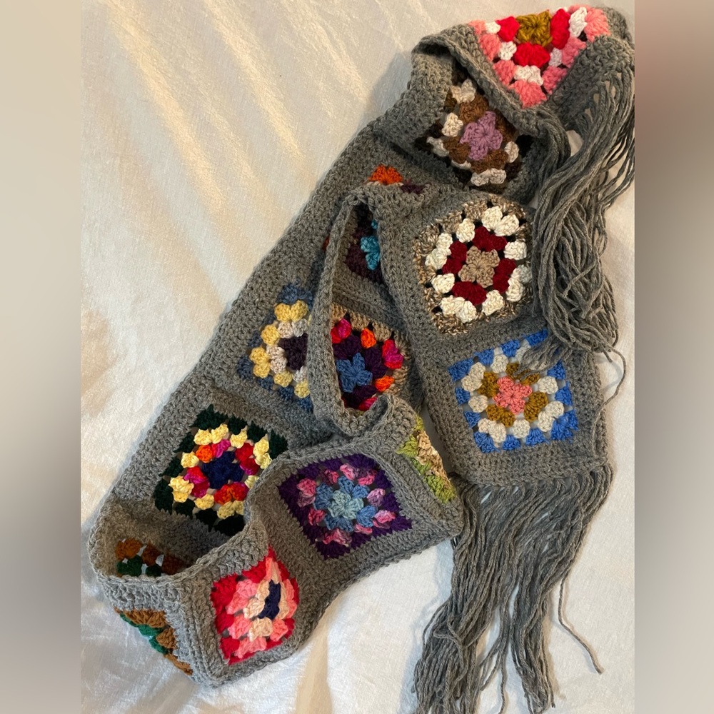 Crochet Granny Square Handmade Scarf with Gringe